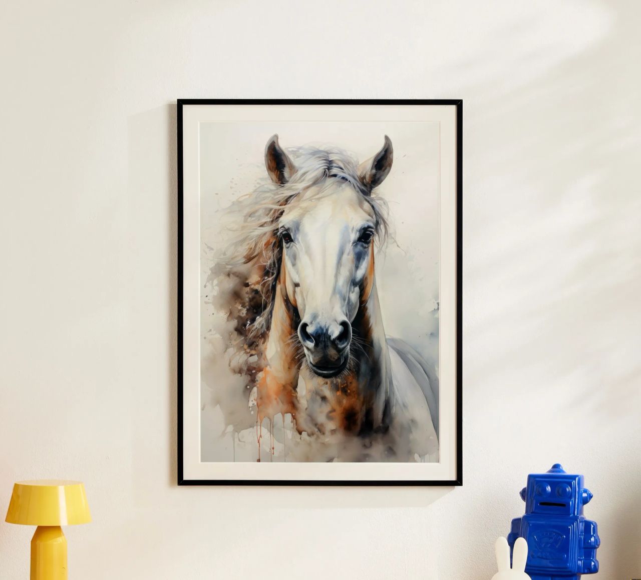 White horse watercolor animal art poster by Justyna Jaszke JBJart