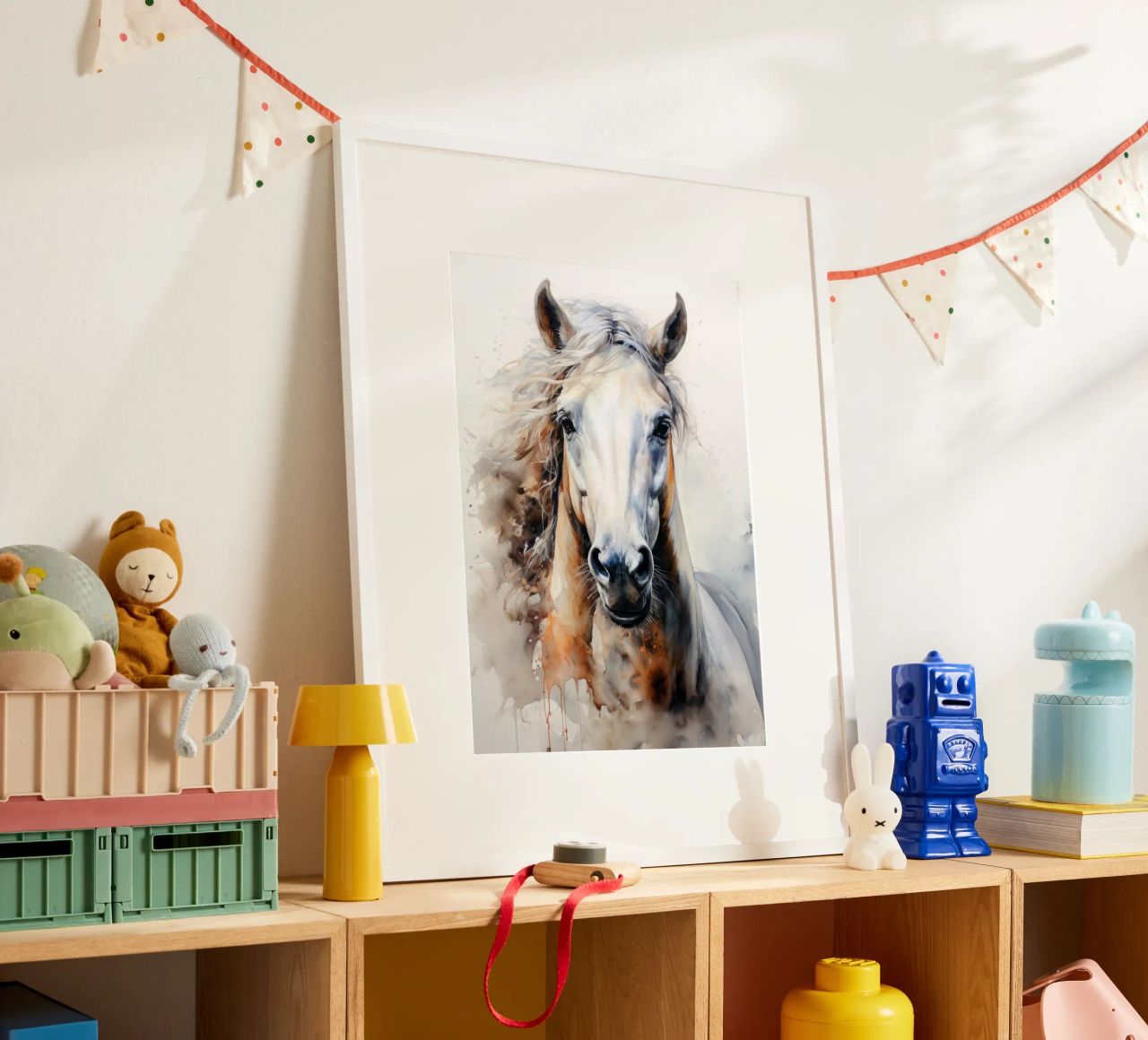 White horse watercolor animal art poster by Justyna Jaszke JBJart