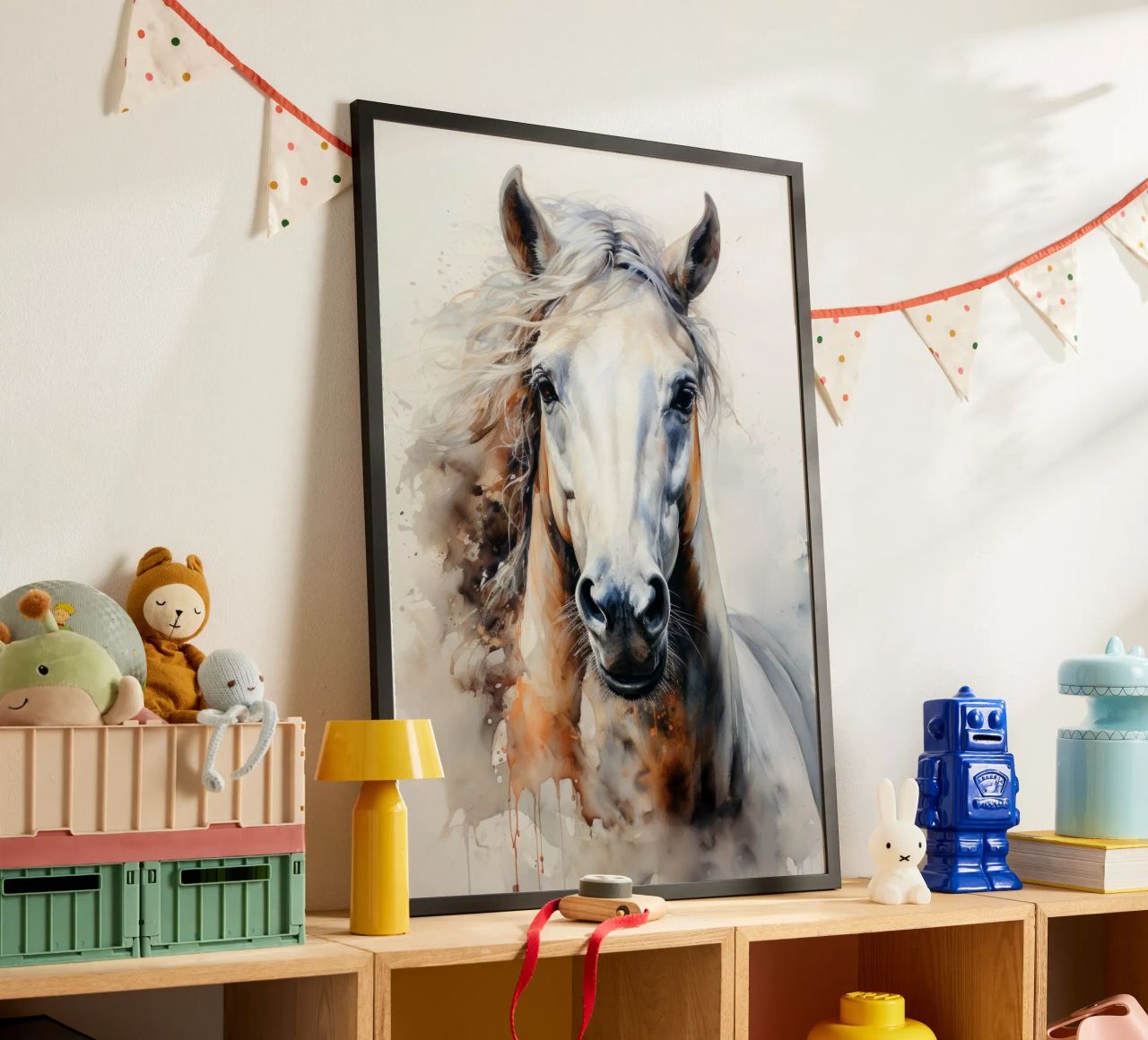 White horse watercolor animal art poster by Justyna Jaszke JBJart