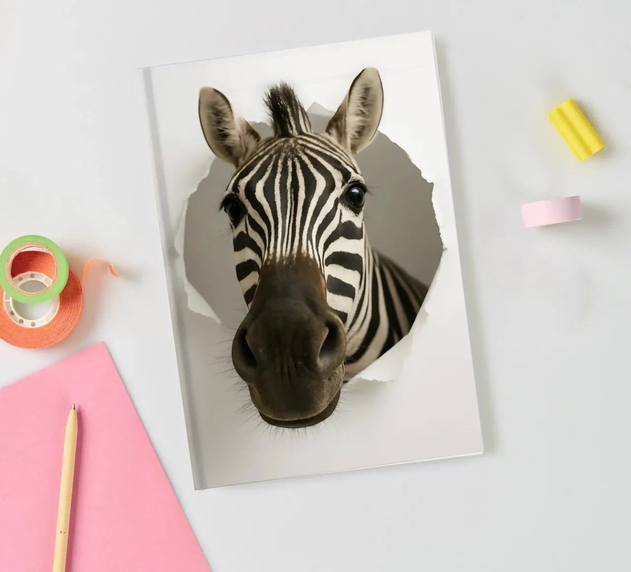 Curious Zebra Peeking Through Torn Paper Art Print notebook by Cut-out Critter Gallery