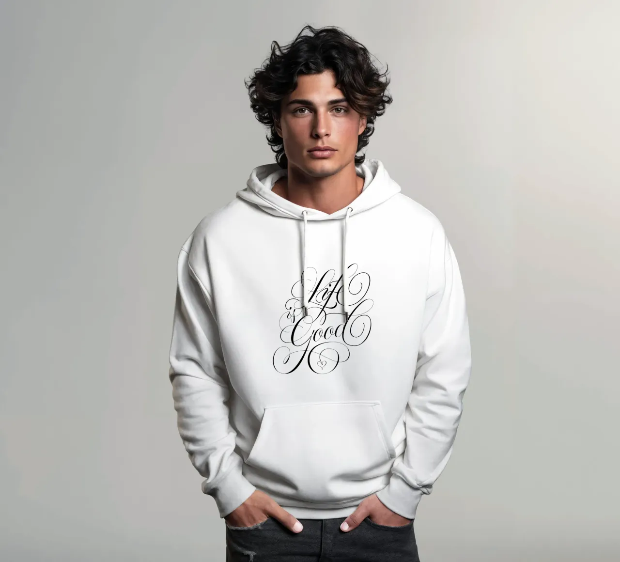 Calligrafia. Bianco e nero. La vita è bella. Con il cuore. felpa con cappuccio da CalliLetters