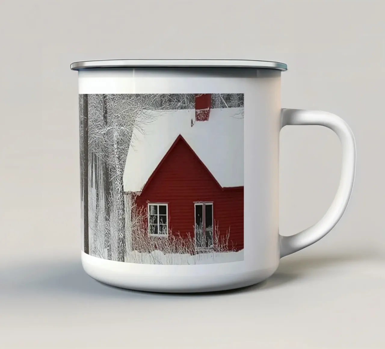 Red Cabin Winter - Una tranquilla scena di neve tazza in smalto da Christmas Vibes 2025