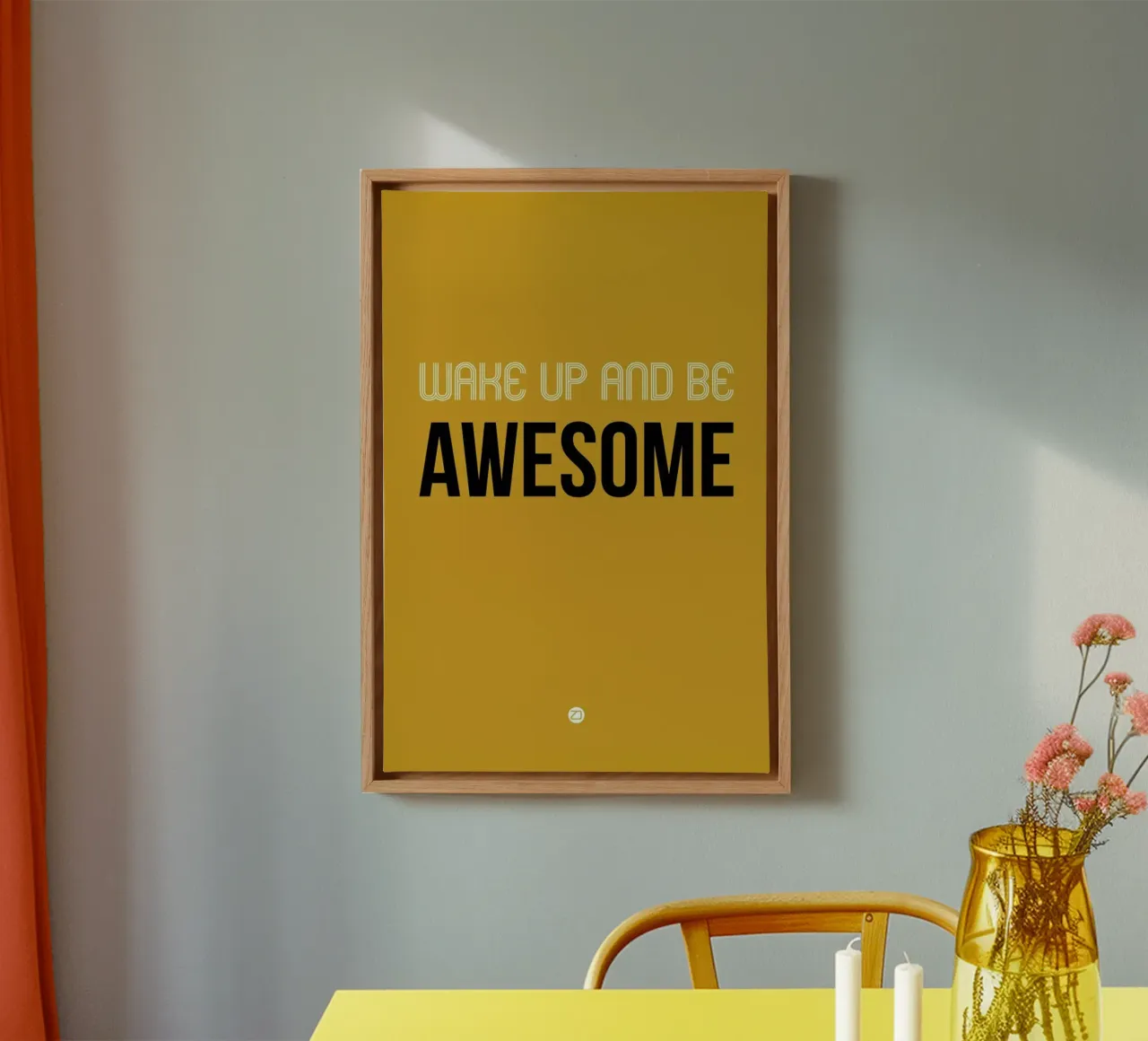 Wake Up and Be Awesome Poster Yellow tela con Cornice a cassetta da Naxart
