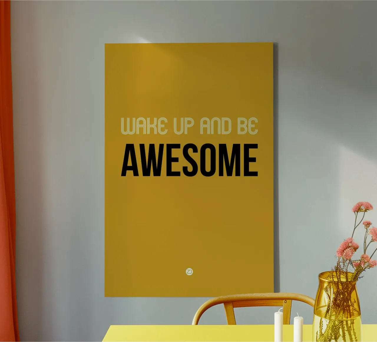 Wake Up and Be Awesome Poster Yellow tela con Cornice a cassetta da Naxart