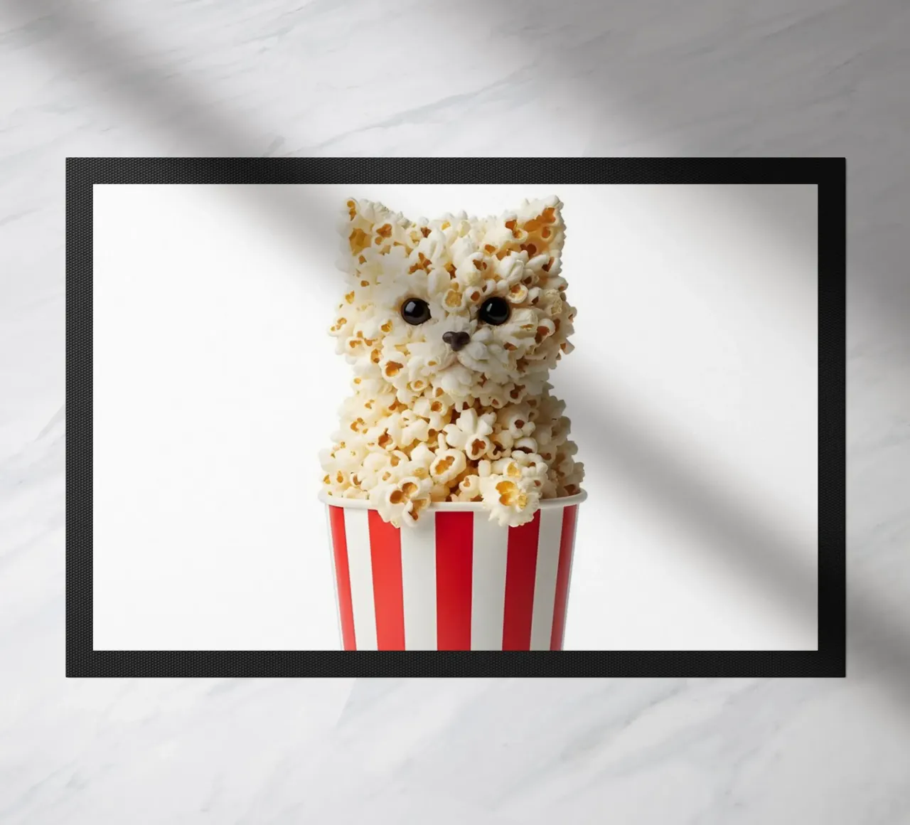 Gatto con popcorn in un secchiello a strisce - Illustrazione artistica sul cibo zerbino da Tasty Critter Creations