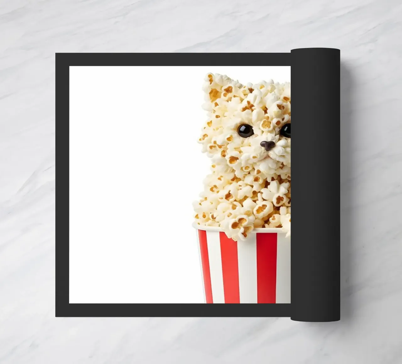 Gatto con popcorn in un secchiello a strisce - Illustrazione artistica sul cibo zerbino da Tasty Critter Creations