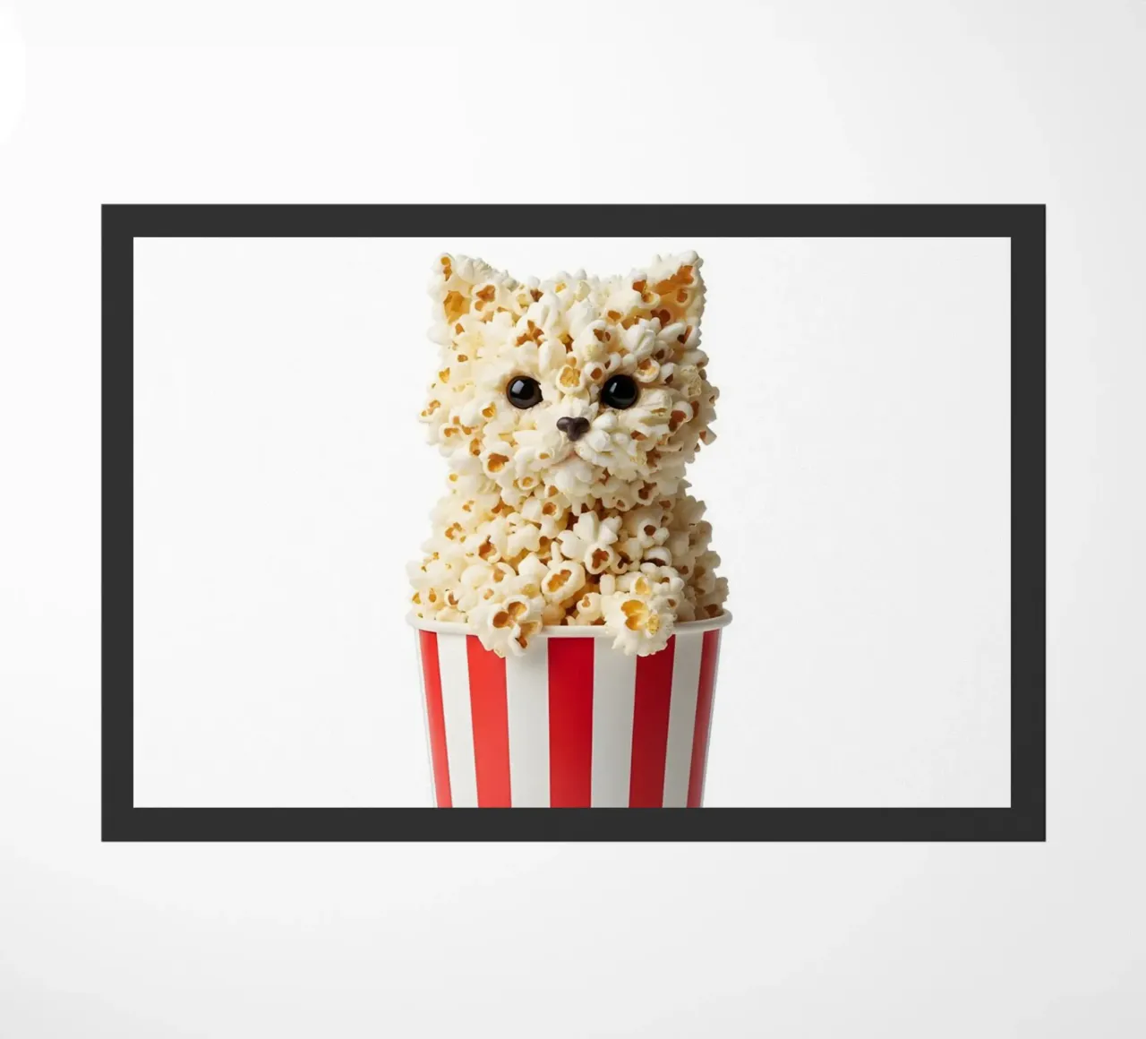 Gatto con popcorn in un secchiello a strisce - Illustrazione artistica sul cibo zerbino da Tasty Critter Creations