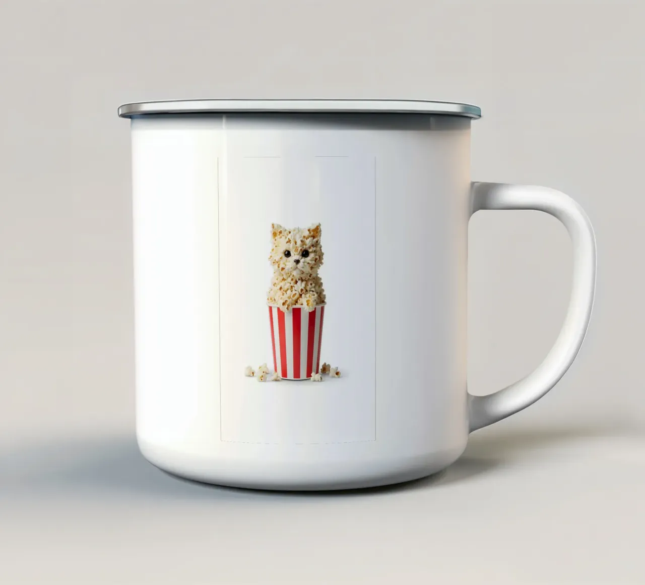 Gatto con popcorn in un secchiello a strisce - Illustrazione artistica sul cibo tazza in smalto da Tasty Critter Creations