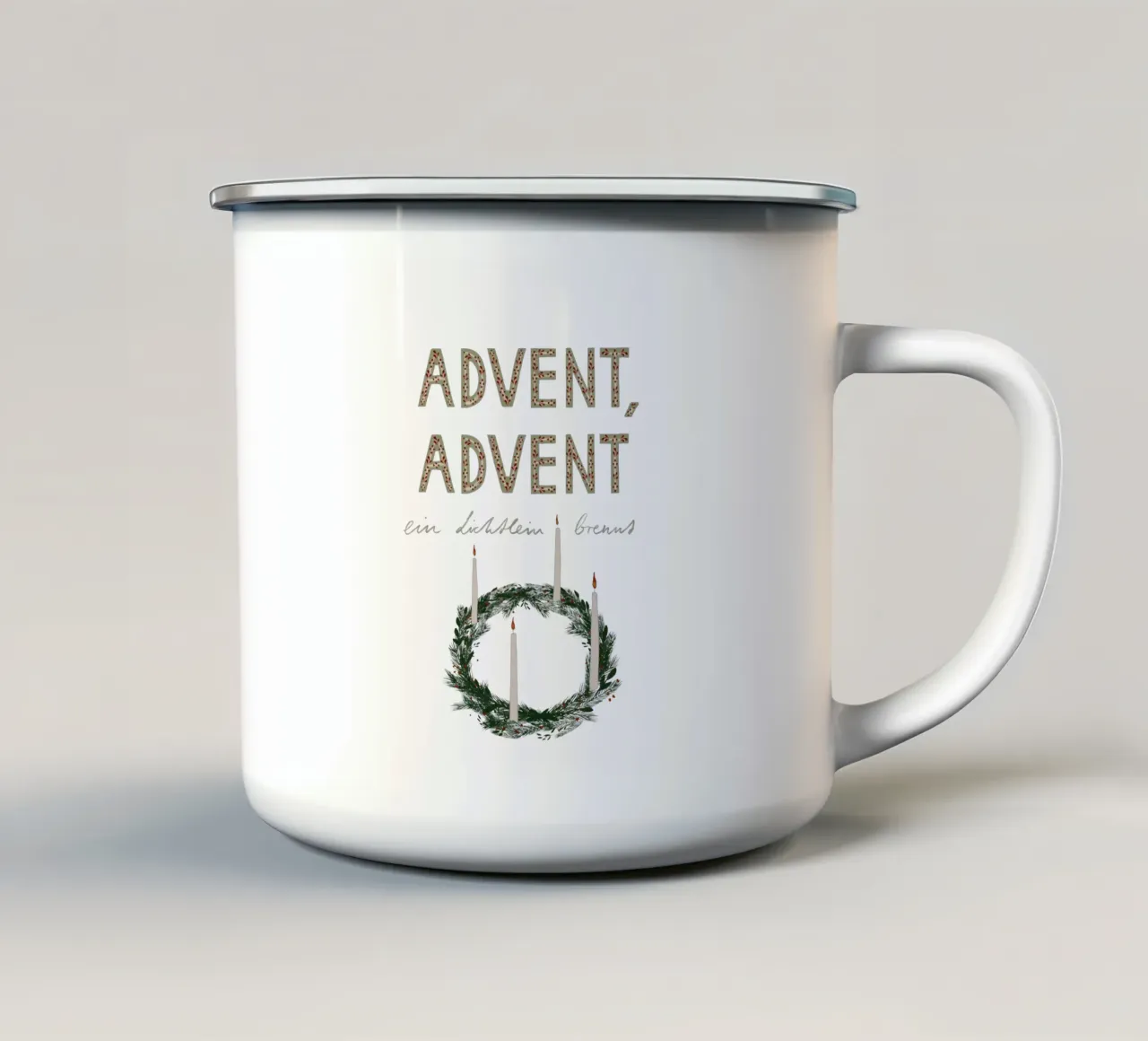 Advent, Advent, ein Lichtlein brennt Kranz Emaille Tasse von Sophie Augustin Illustration