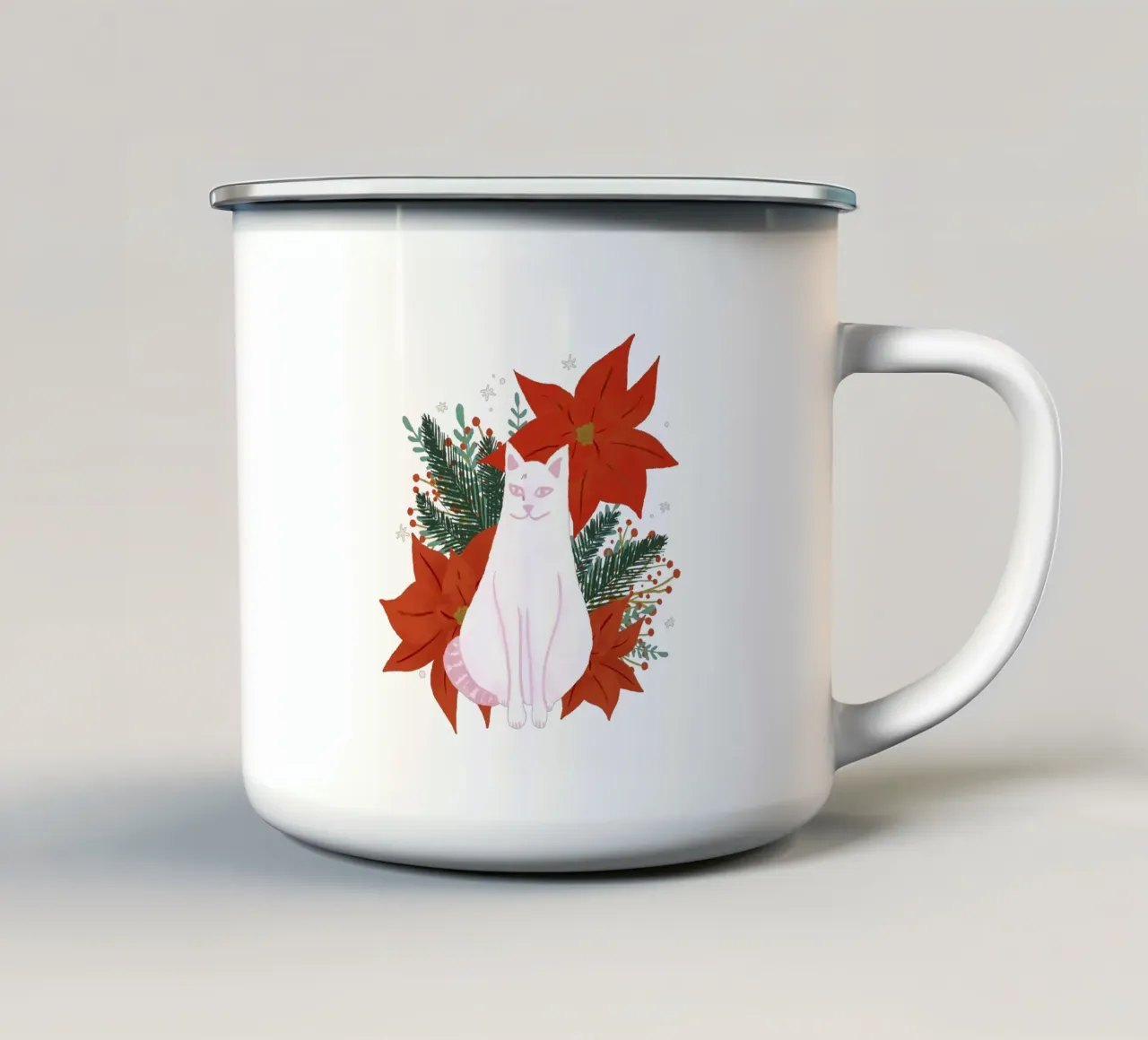 Gatto bianco e rosa di Natale tazza in smalto da Wackapacka Holiday Shop