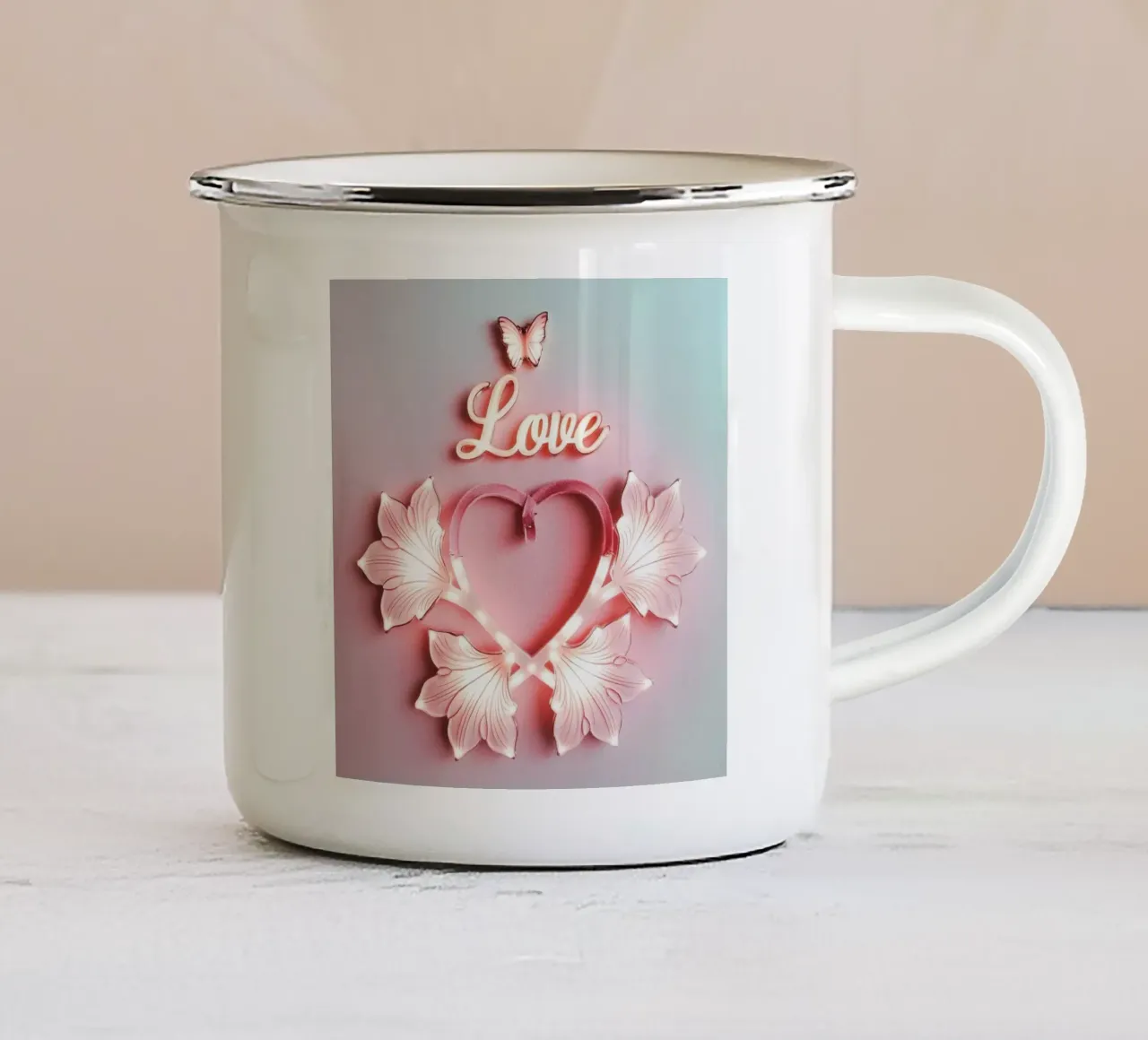 CUORE E AMORE DI FARFALLA tazza in smalto da dinem