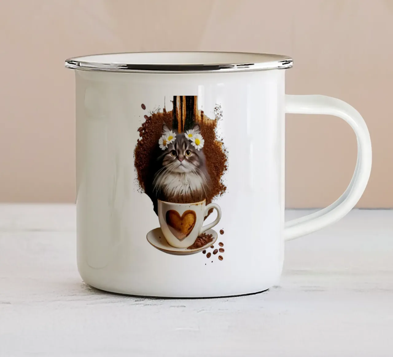 Fiori di gatto e caffè tazza in smalto da dinem