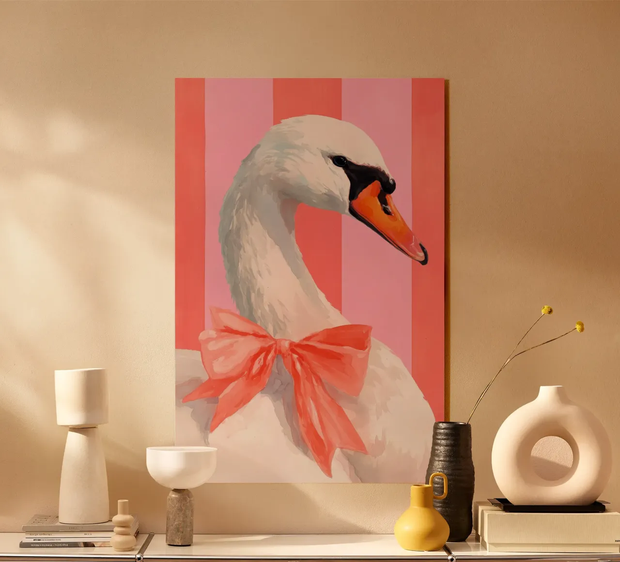 Elegant Swan with Coral Bow Art Print plexiglass da Mai Design