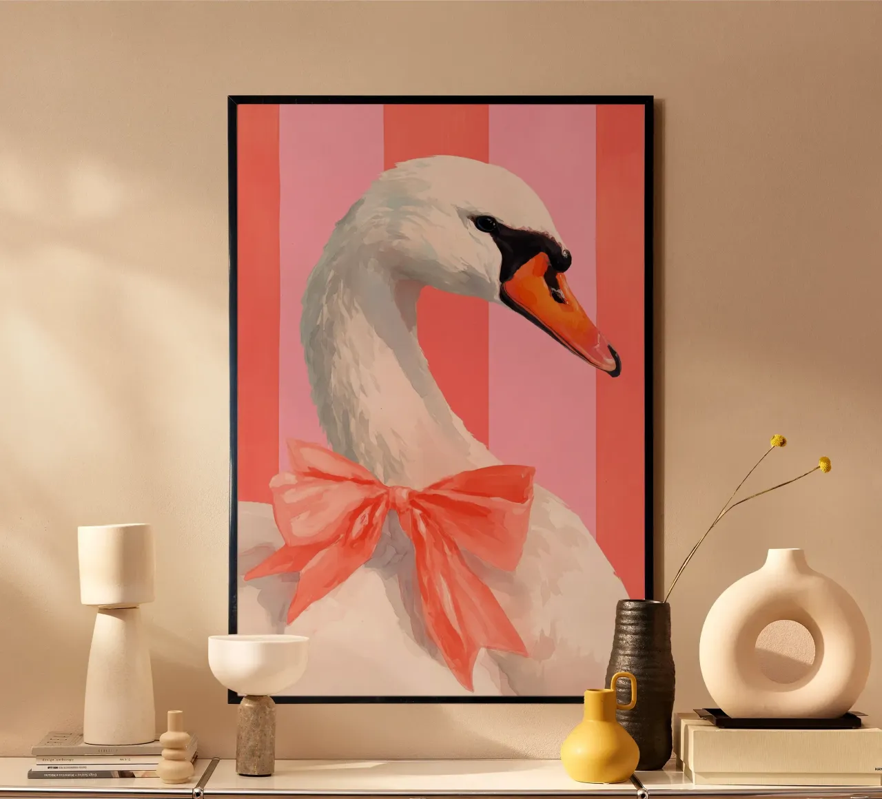 Elegant Swan with Coral Bow Art Print carta hahnemühle da Mai Design