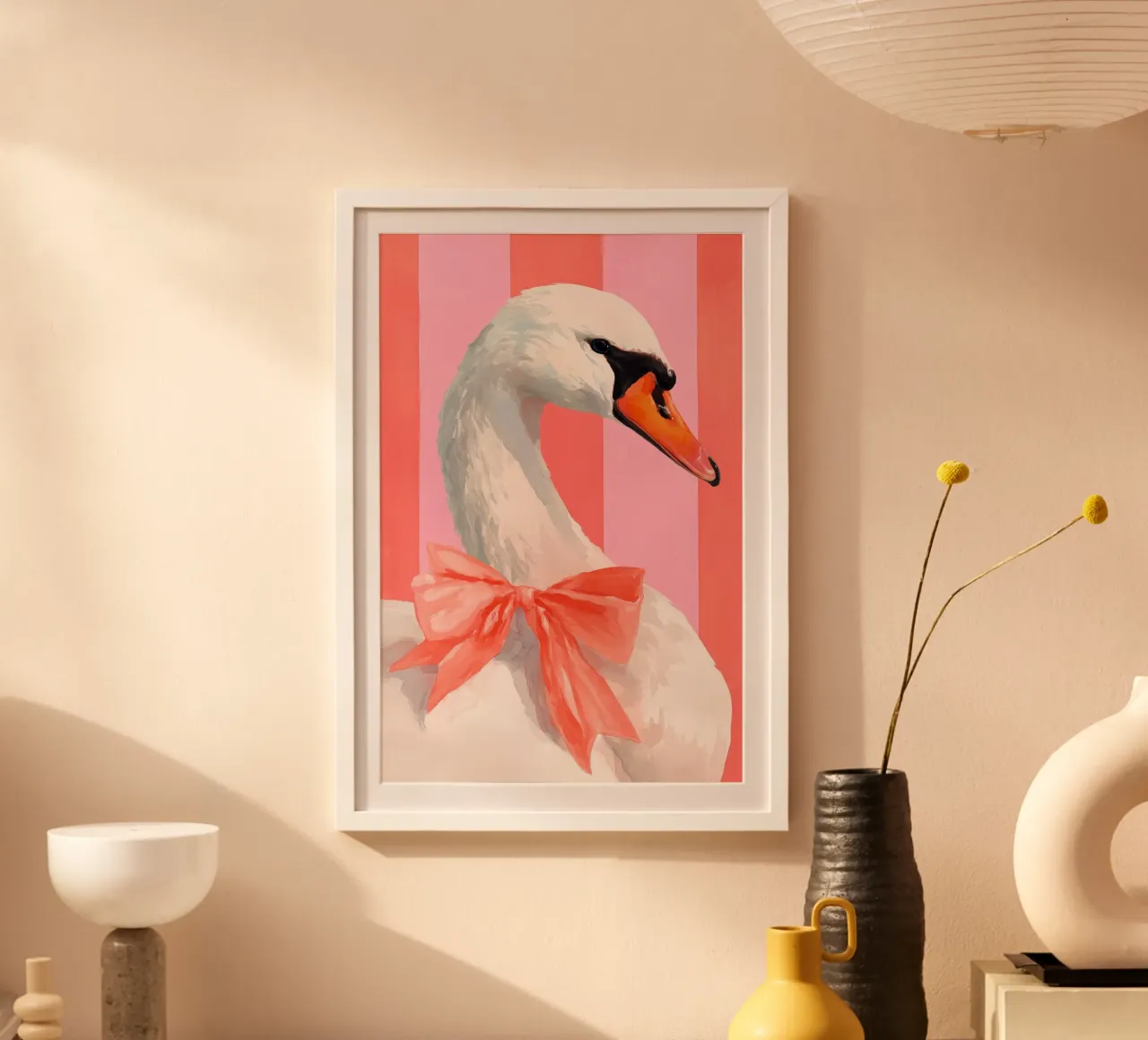 Elegant Swan with Coral Bow Art Print carta hahnemühle da Mai Design