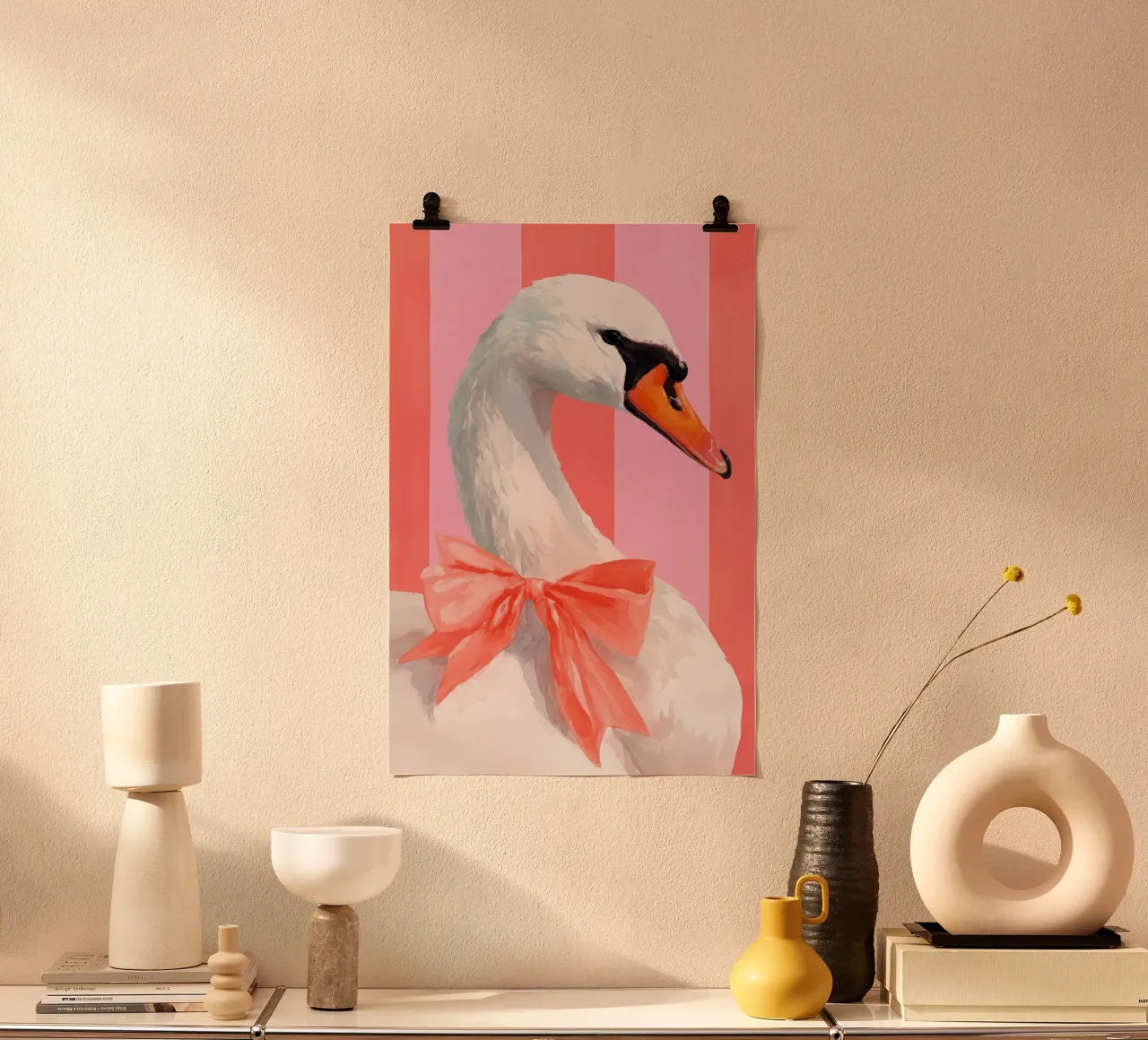 Elegant Swan with Coral Bow Art Print carta hahnemühle da Mai Design