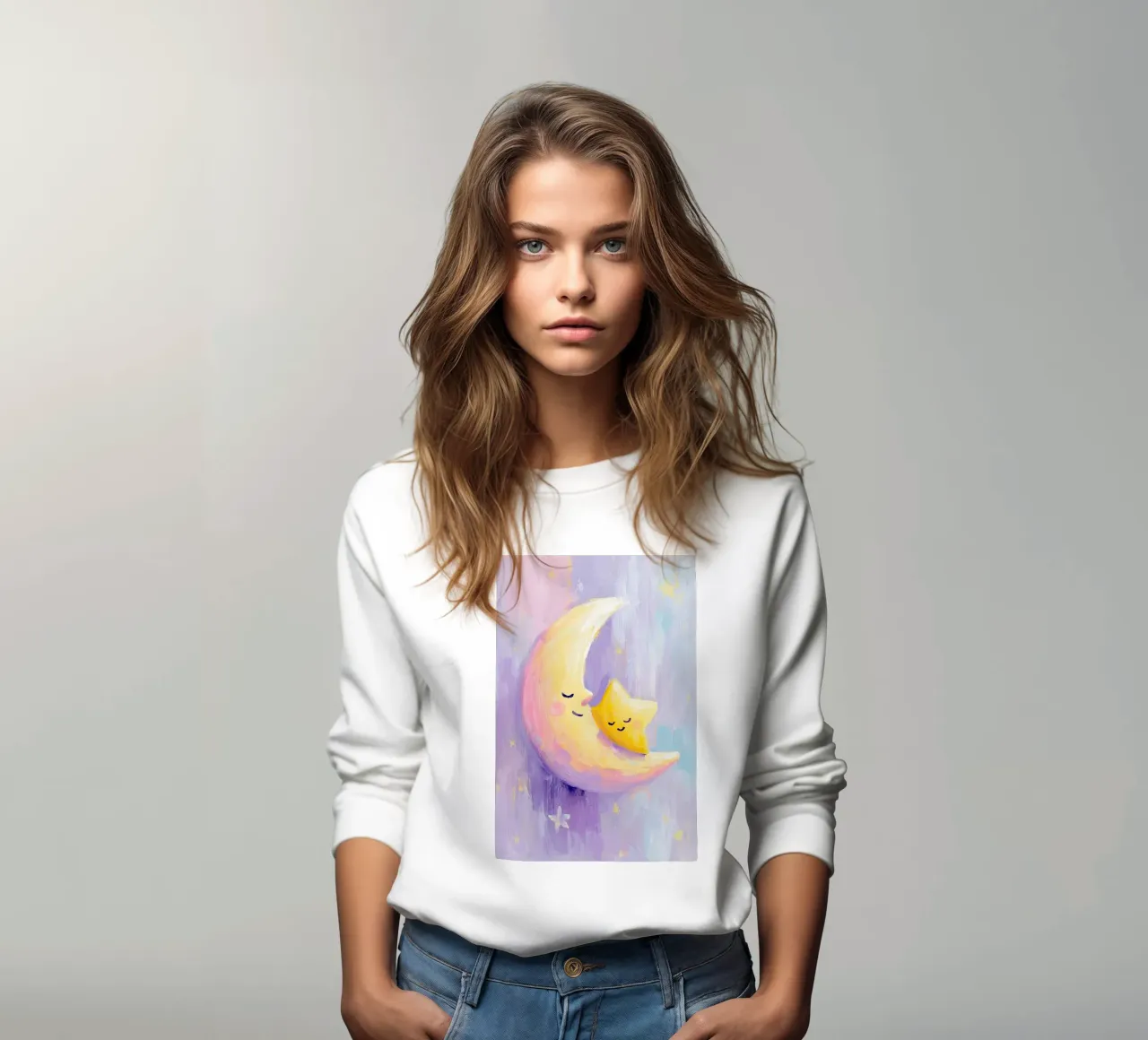 Crescent Moon Cuddling Star Art Print felpa da Mai Design