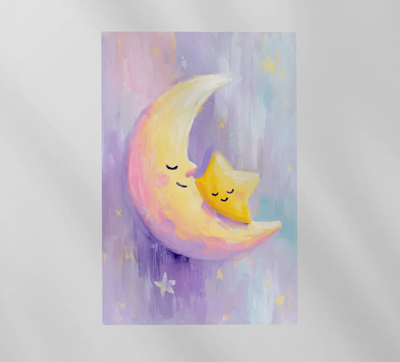 Crescent Moon Cuddling Star Art Print pellicola backlit da Mai Design