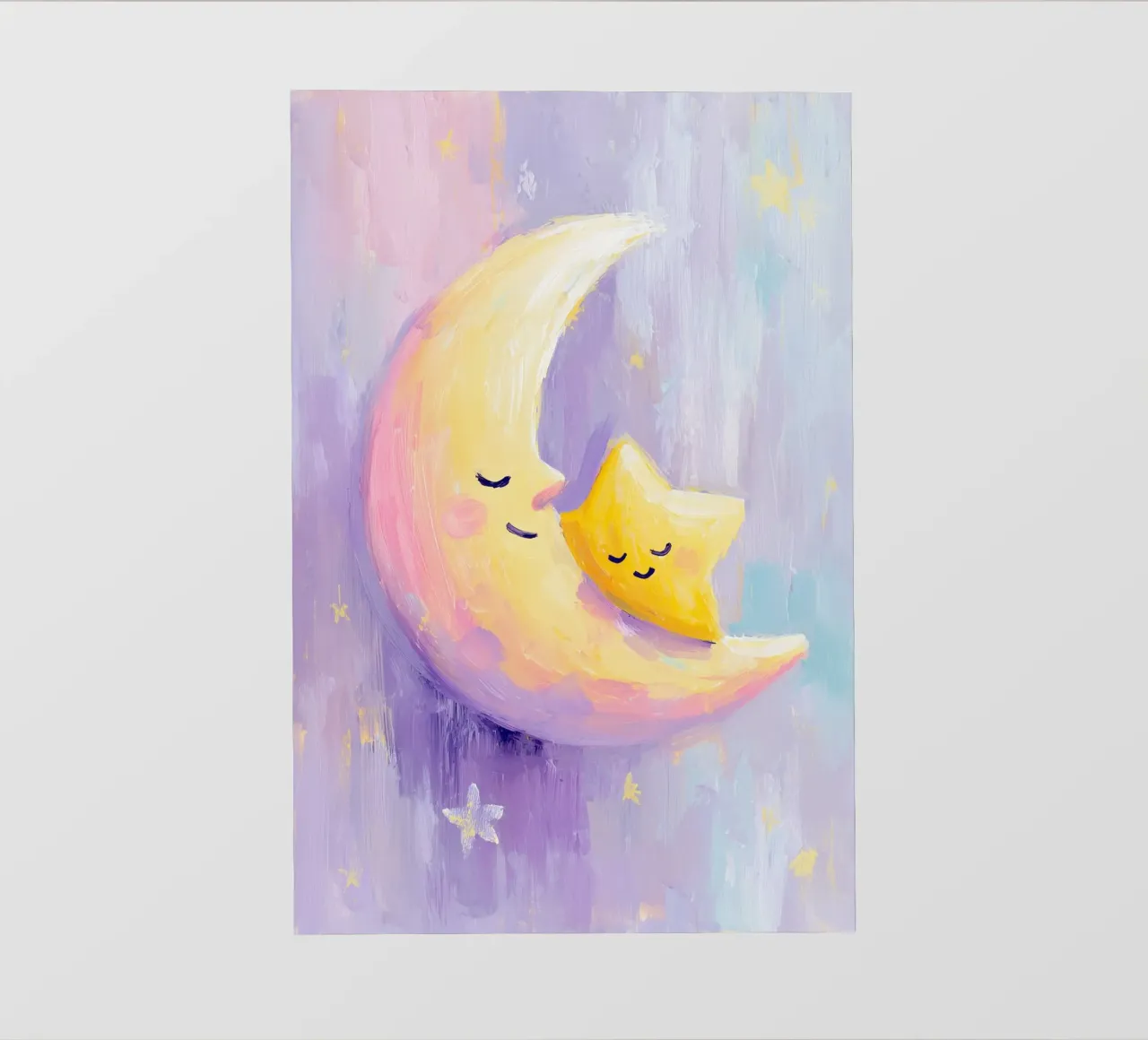 Crescent Moon Cuddling Star Art Print pellicola backlit da Mai Design