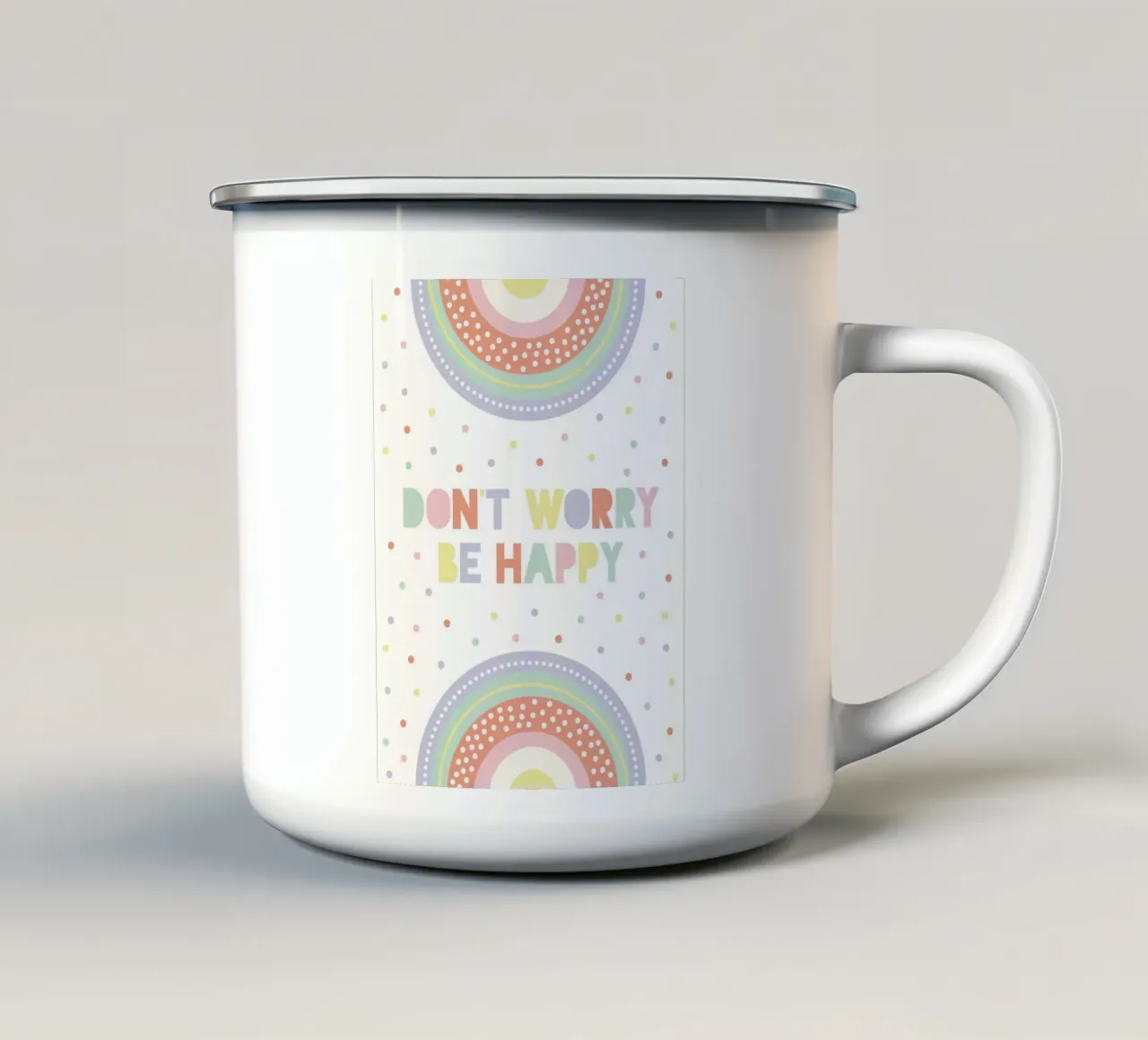 Non preoccuparti, sii felice tazza in smalto da Tiny Wonder Co.