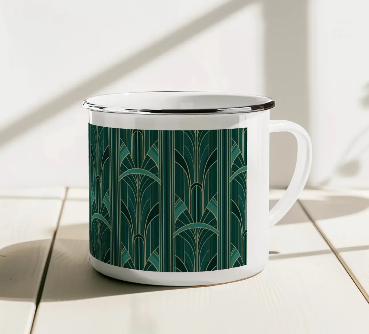 Art Deco Intertwined Architectural Arcs - Turquoise tazza in smalto da Art Deco Symposium