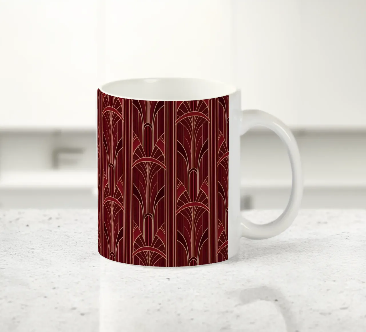 Art Deco Intertwined Architectural Arcs - Wine Red tazza in ceramica da Art Deco Symposium