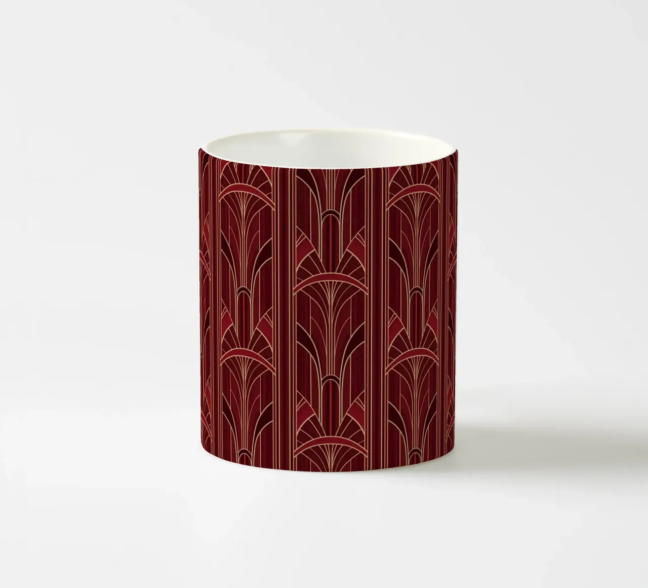Art Deco Intertwined Architectural Arcs - Wine Red tazza in ceramica da Art Deco Symposium