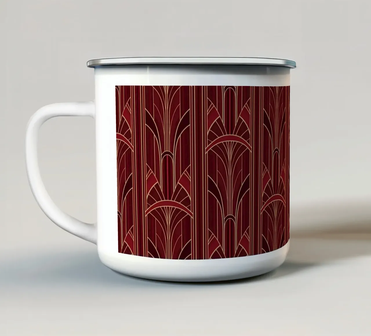 Art Deco Intertwined Architectural Arcs - Wine Red tazza in smalto da Art Deco Symposium