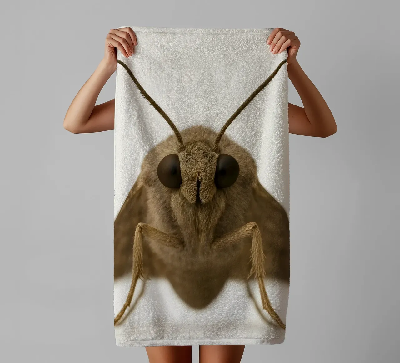 Macro Moth Portrait – Minimalist Insect Art Print towel by Happy Wild Prints