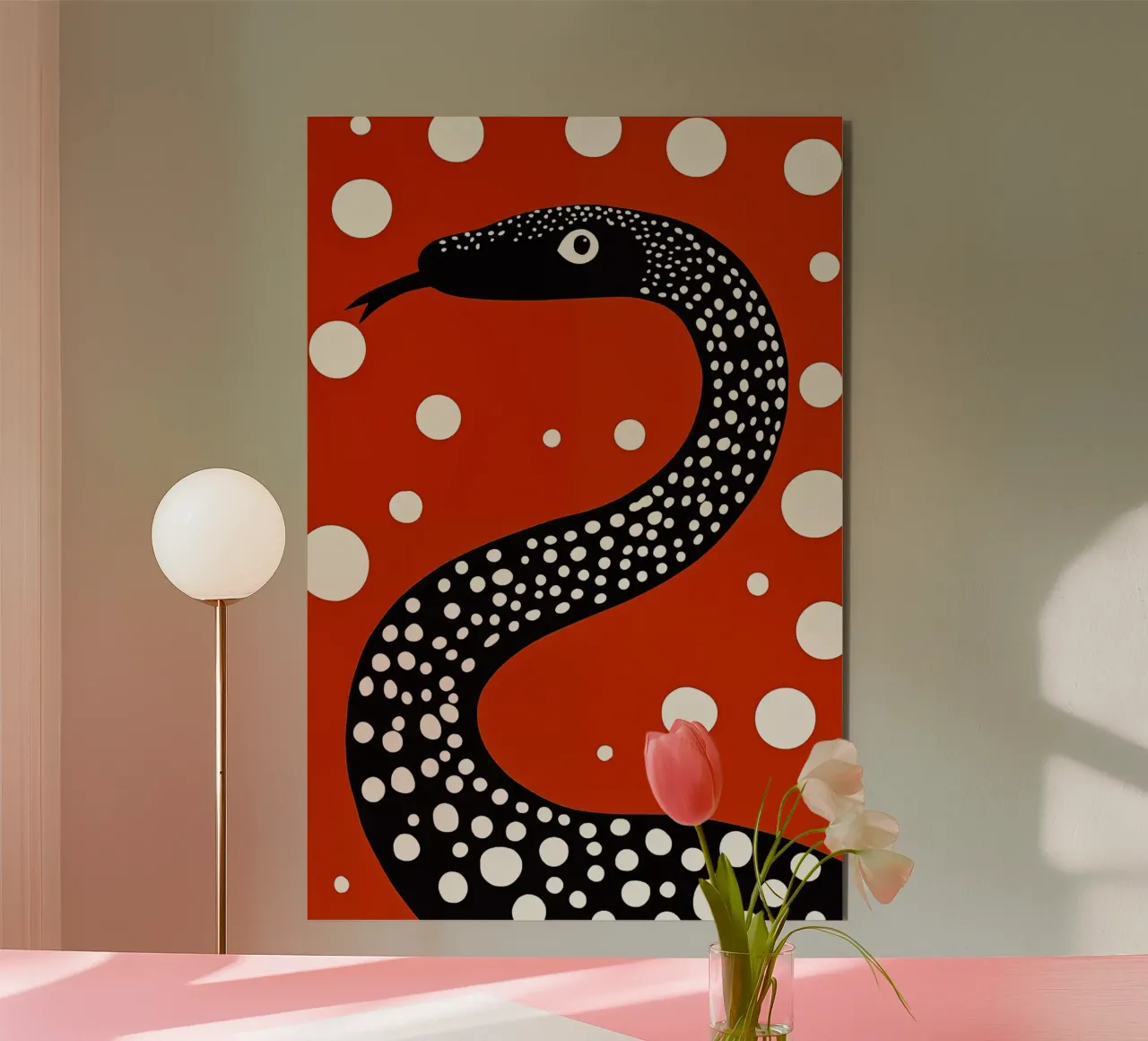 Serpente a punti bianchi e neri su rosso alluminio dibond da Autofocus