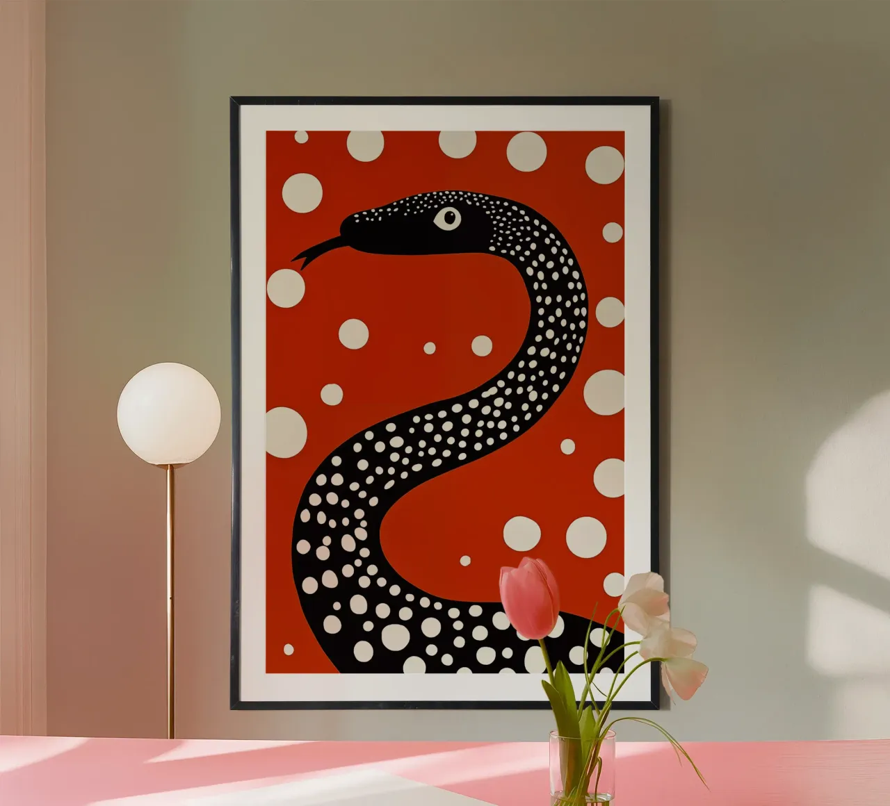 Serpente a punti bianchi e neri su rosso carta hahnemühle da Autofocus