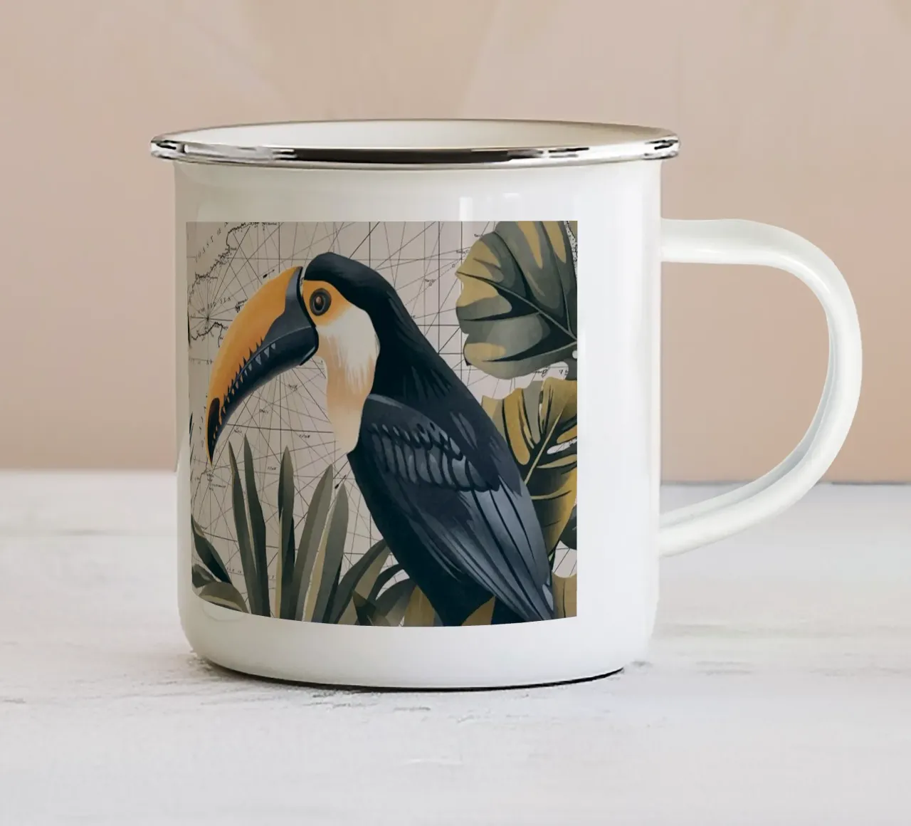 Il viaggio tropicale dei tucani tazza in smalto da Andrea Haase Vintage World