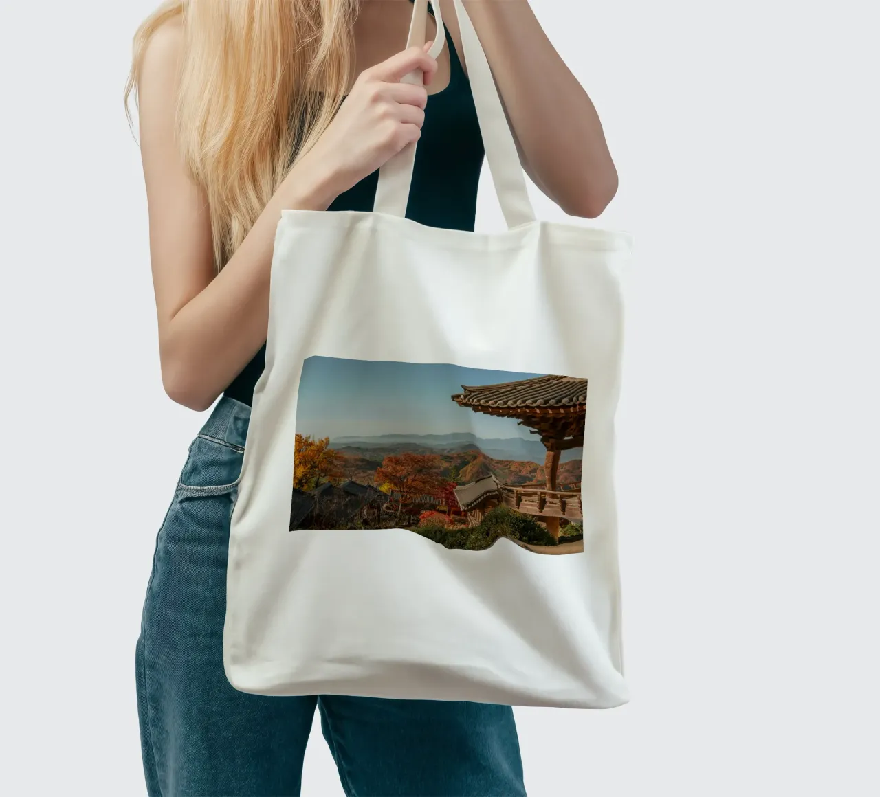 Paesaggio autunnale dal tempio di Buseoksa, Corea del Sud borsa in juta da mbgraphx2