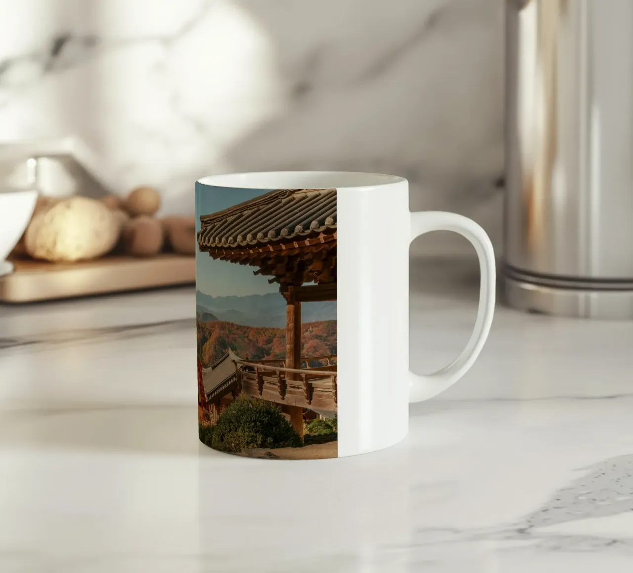 Paesaggio autunnale dal tempio di Buseoksa, Corea del Sud tazza in ceramica da mbgraphx2