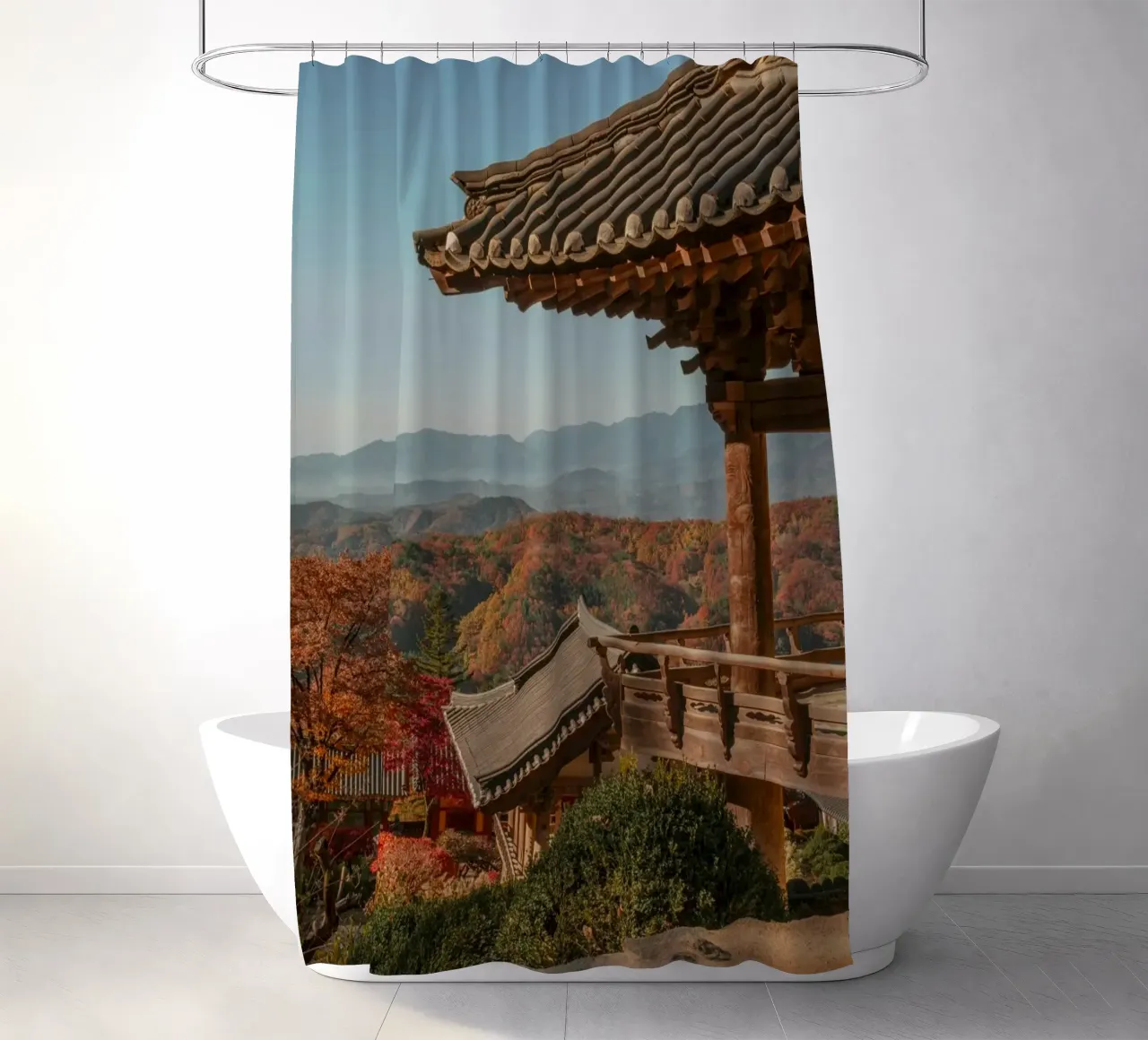 Paesaggio autunnale dal tempio di Buseoksa, Corea del Sud tenda da doccia da mbgraphx2