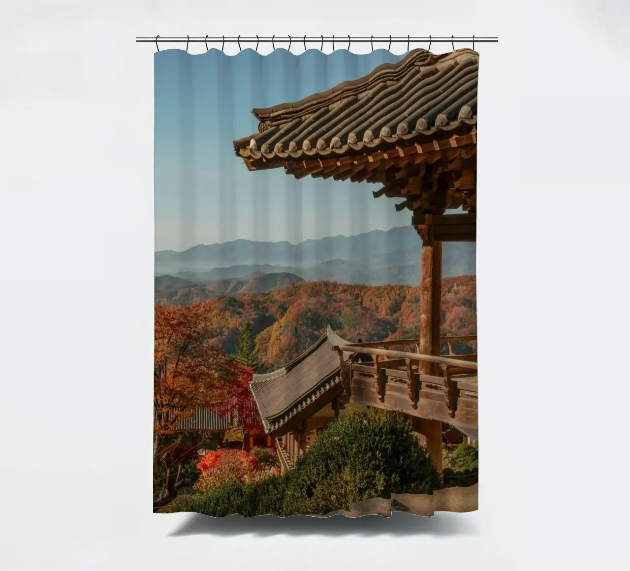 Paesaggio autunnale dal tempio di Buseoksa, Corea del Sud tenda da doccia da mbgraphx2