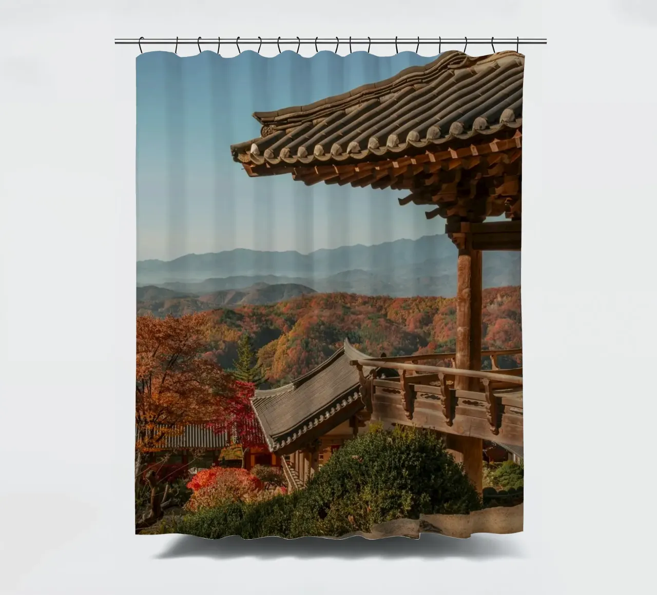 Paesaggio autunnale dal tempio di Buseoksa, Corea del Sud tenda da doccia da mbgraphx2