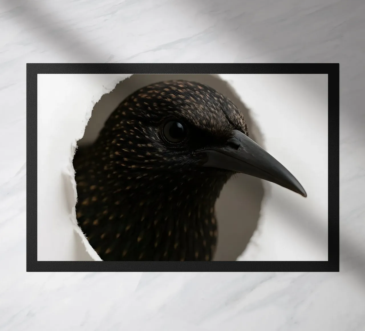 Starling Peek Art – Realistic Minimal Bird Print doormat by Cut-out Critter Gallery
