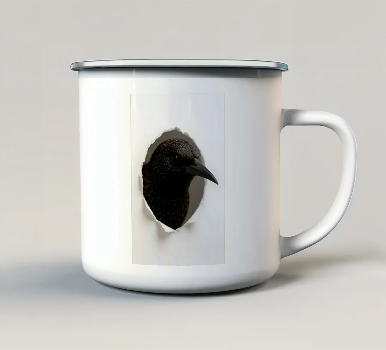 Starling Peek Art – Realistic Minimal Bird Print enamel mug by Cut-out Critter Gallery