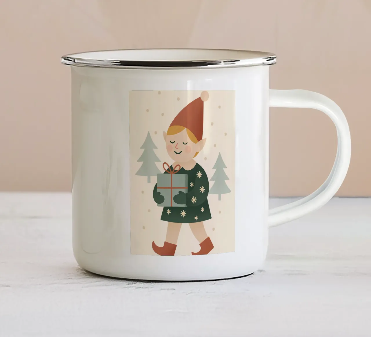 Elfo con regalo tazza in smalto da Nordic Noel Studio