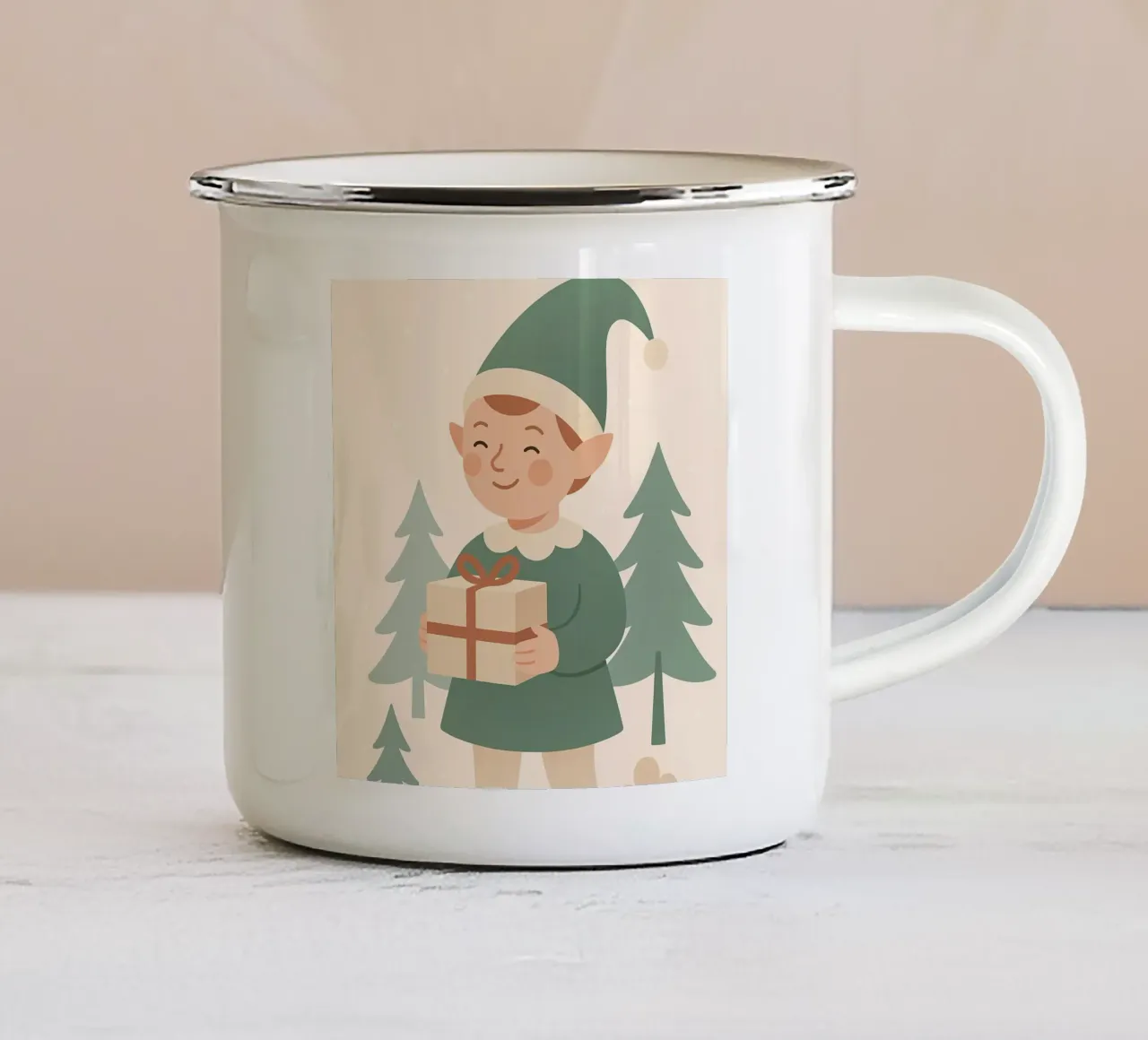 Elfo nordico che fa i regali tazza in smalto da Nordic Noel Studio