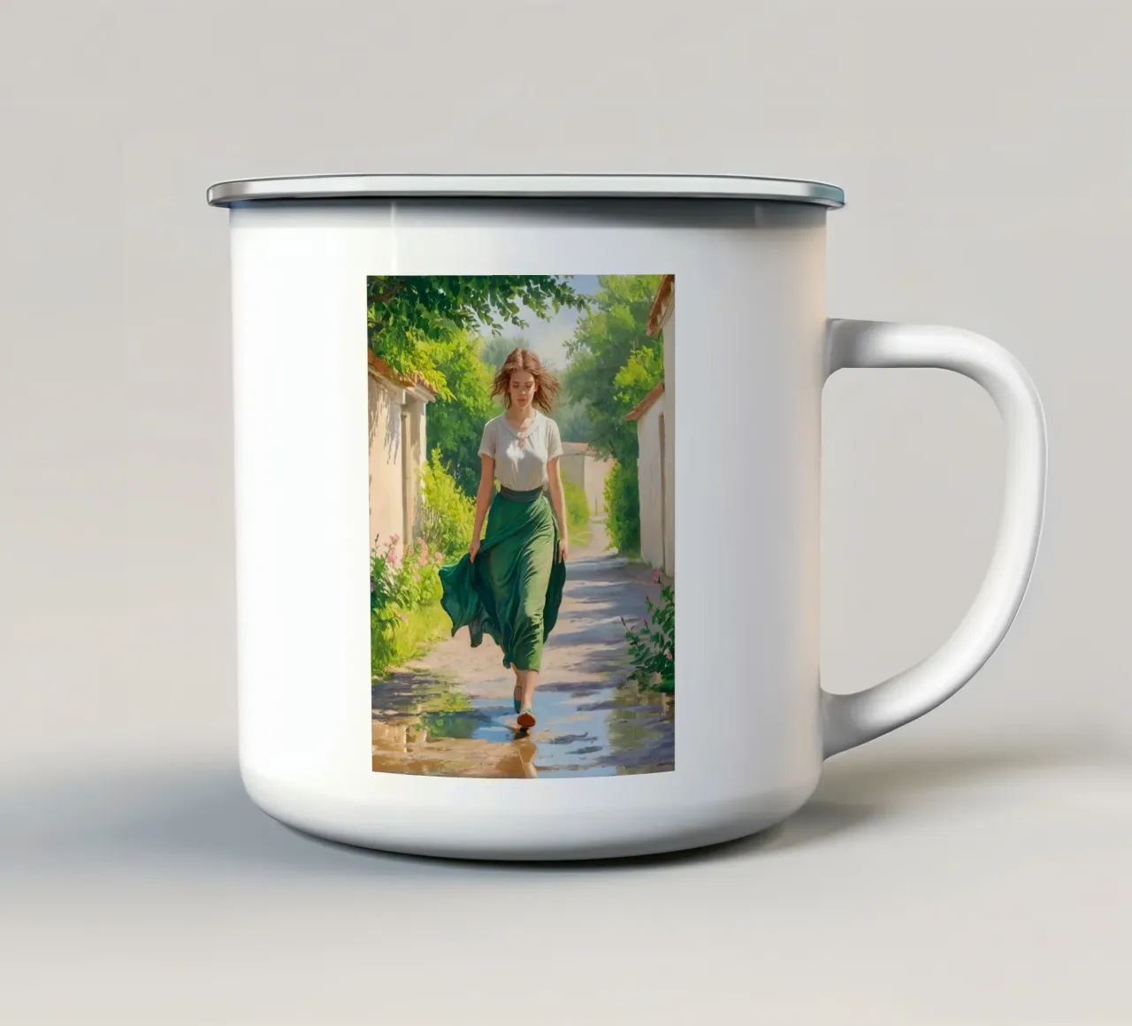 Paesaggio verde e bianco, donna, pace tazza in smalto da dinem