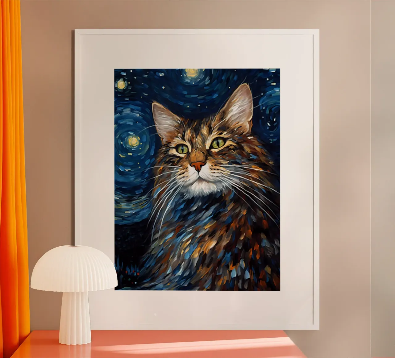 Starry Night Cat poster con telaio in alluminio da Artsy Bessy