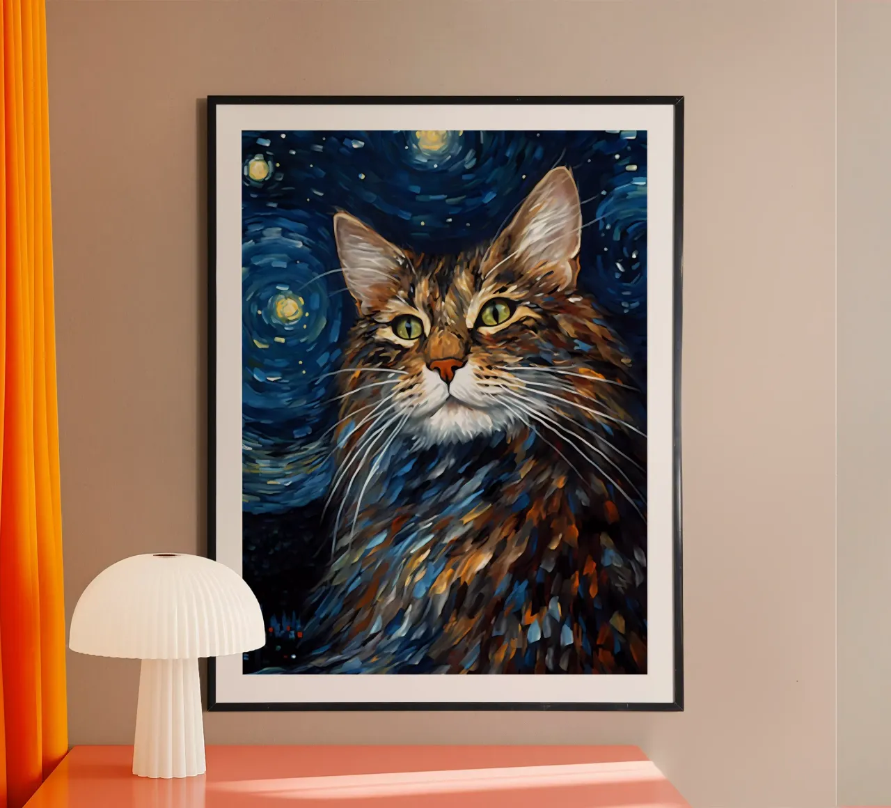 Starry Night Cat poster con telaio in alluminio da Artsy Bessy