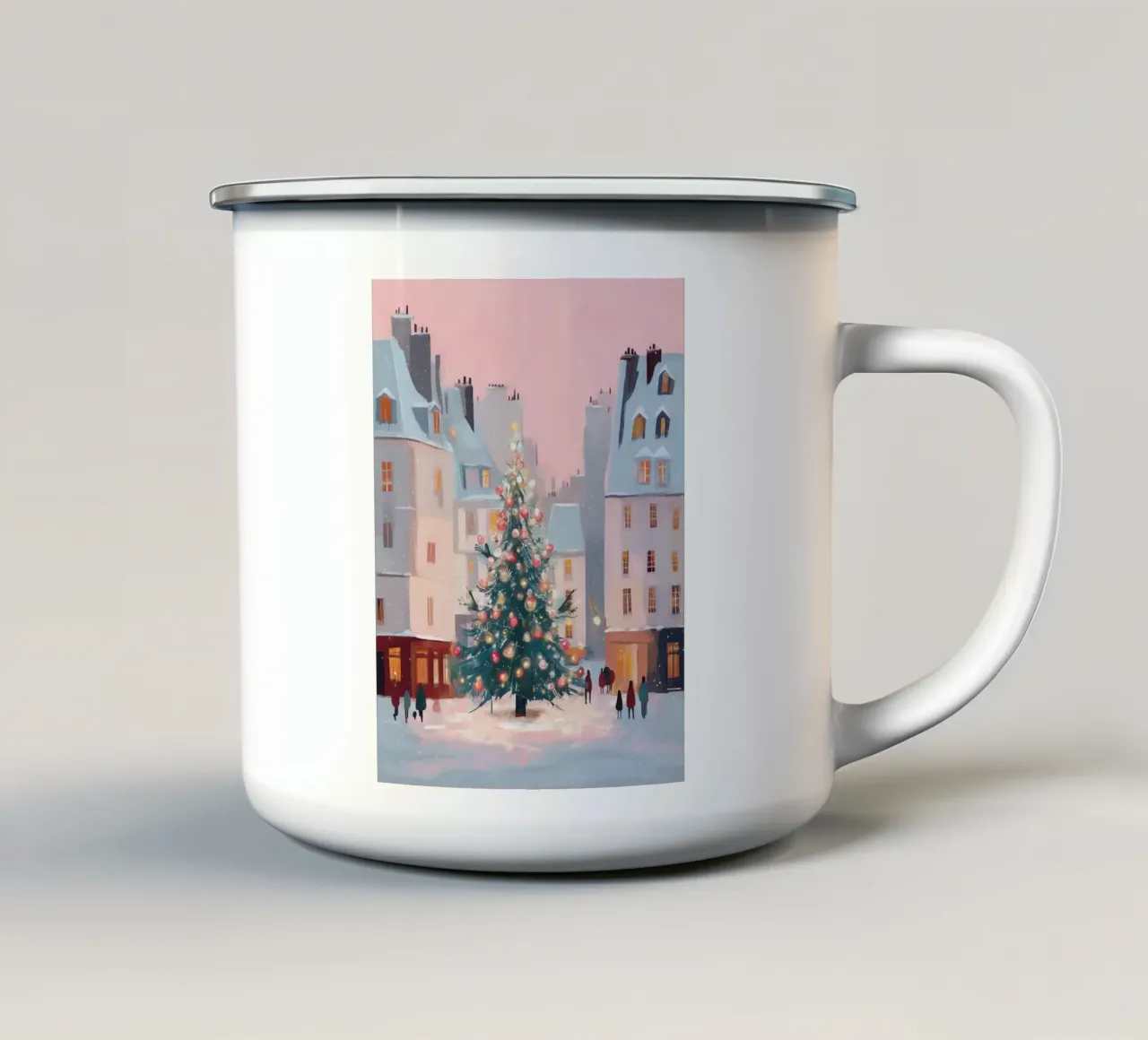 Accogliente scena invernale con albero di Natale in una città affascinante tazza in smalto da Holiday Hearth Prints