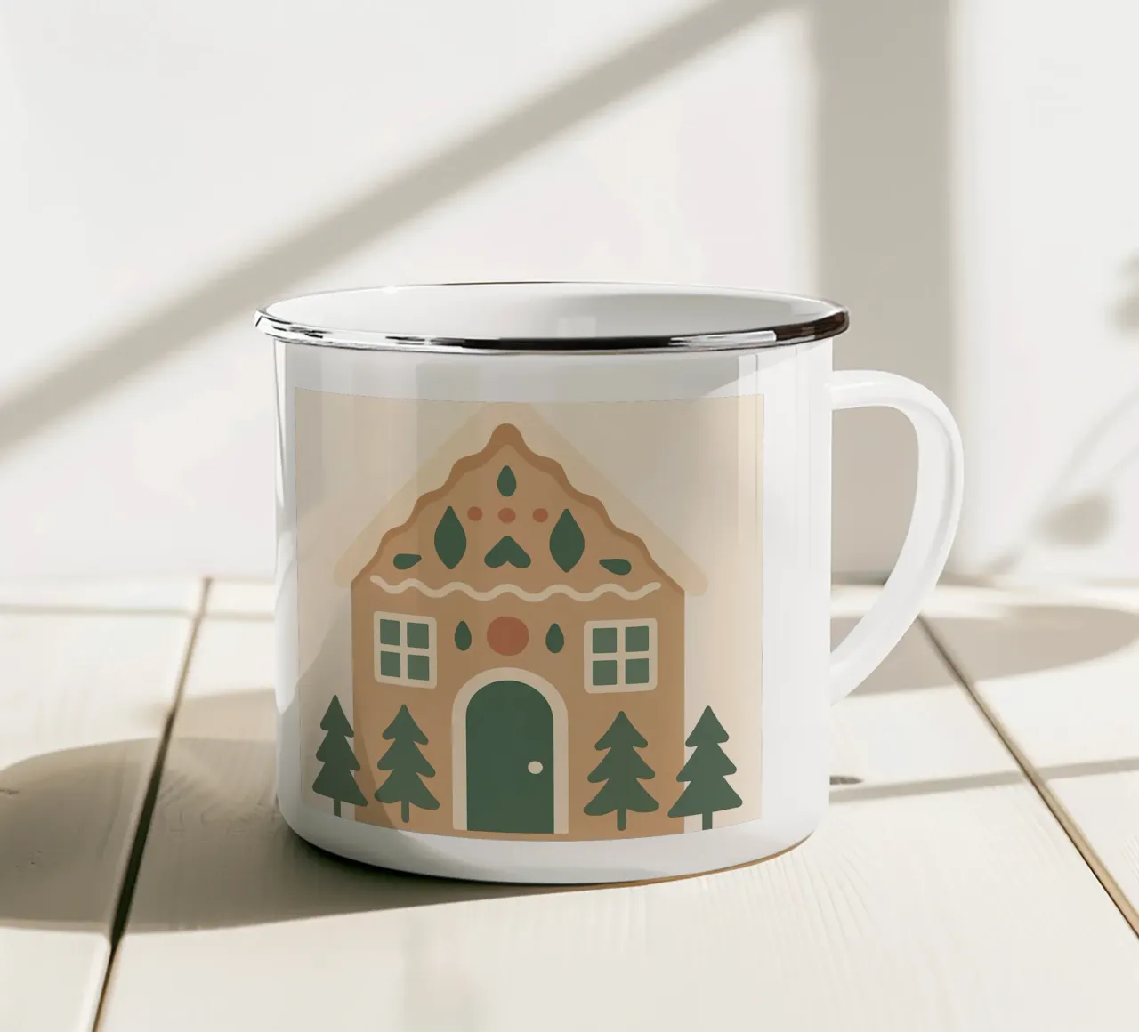 Casetta scandinava di pan di zenzero tazza in smalto da Nordic Noel Studio