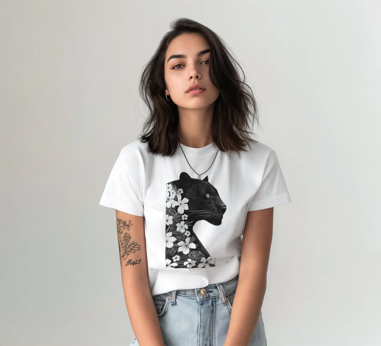 Panther with flowers t-shirt by valeriyakorenkova