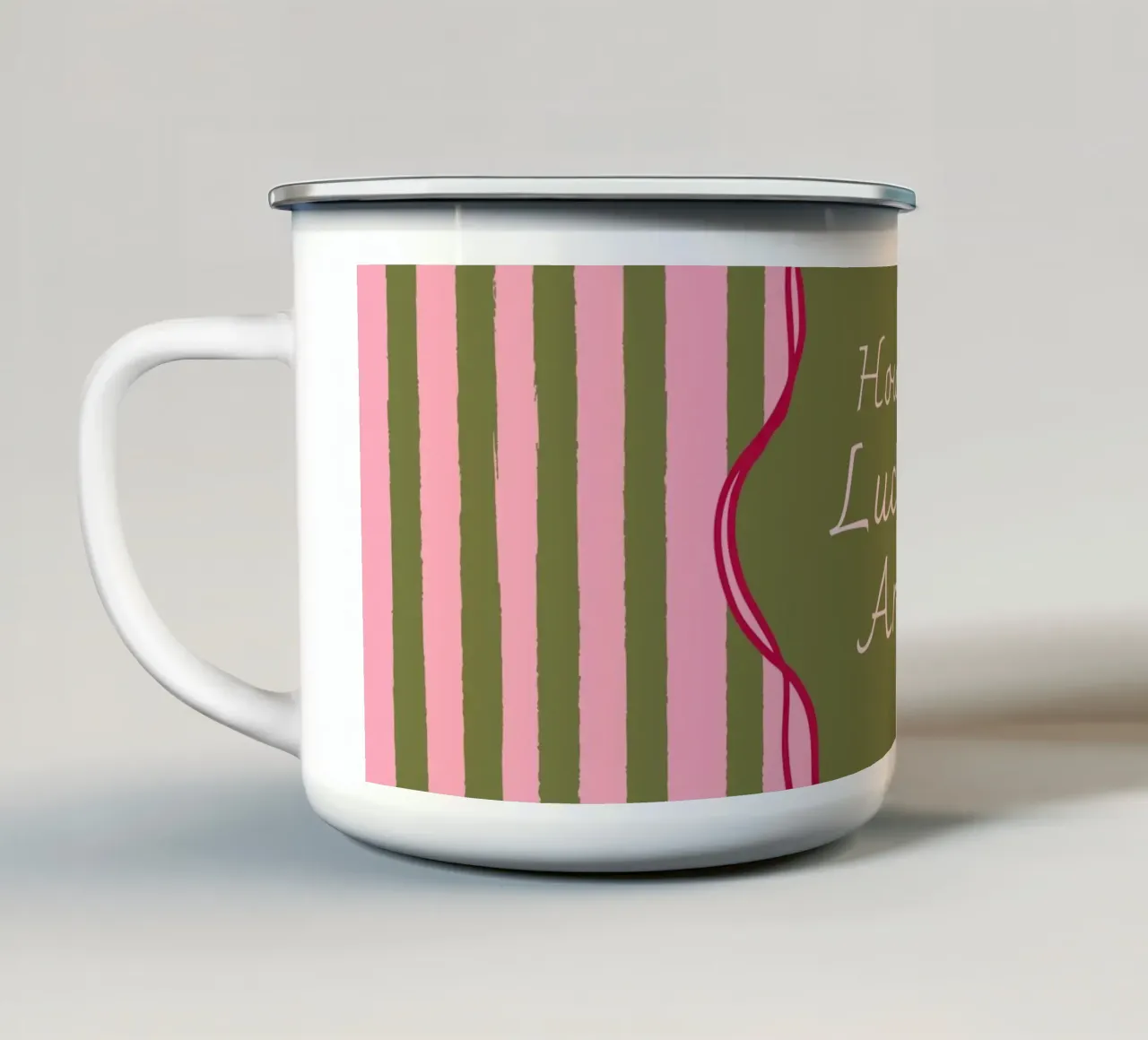 How Lucky Are We - Pink & Olive Coquette Stripe tazza in smalto da EDMPROJECT