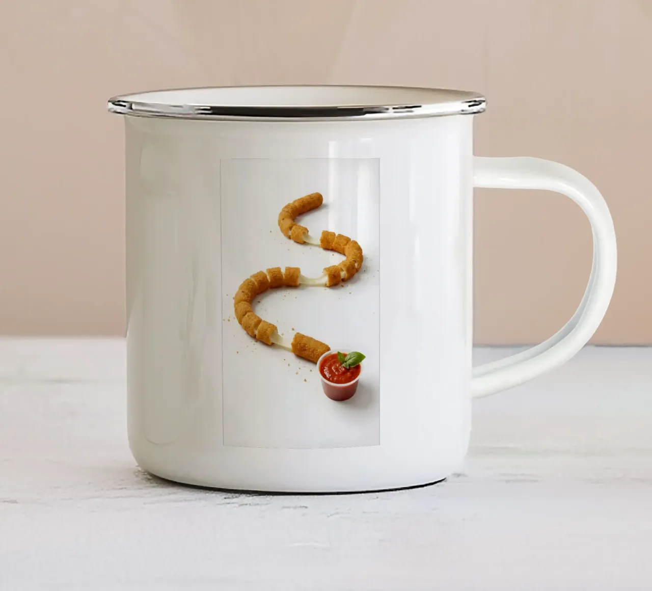Mozzarella Stick Snake – Funny Food Art Print tazza in smalto da Tasty Critter Creations