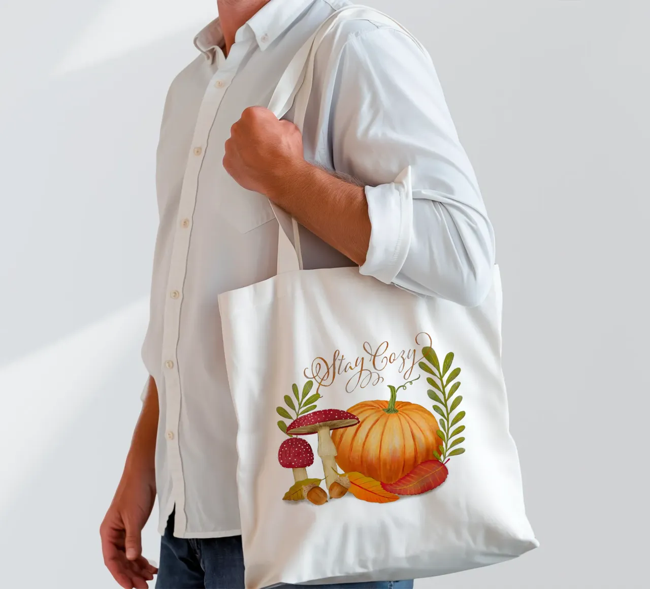Autumn with pumpkin and leaves. Make yourself cosy. tote bag by CalliLetters